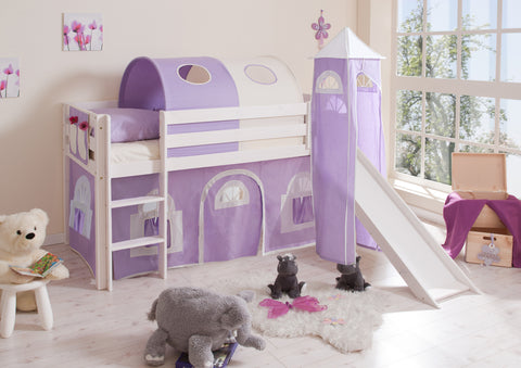Hochbett mit Rutsche und Turm Spielbett Kasper Kiefer massiv Weiss