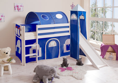 Hochbett mit Rutsche und Turm Spielbett Kasper Kiefer massiv Weiss