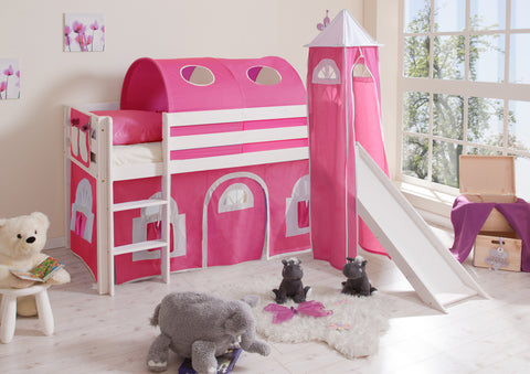 Hochbett mit Rutsche und Turm Spielbett Kasper Kiefer massiv Weiss