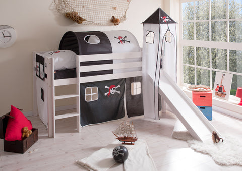 Hochbett mit Rutsche und Turm Spielbett Kasper Kiefer massiv Weiss