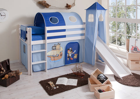 Hochbett mit Rutsche und Turm Spielbett Kasper Kiefer massiv Weiss