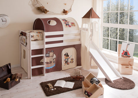 Hochbett mit Rutsche und Turm Spielbett Kasper Kiefer massiv Weiss
