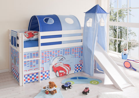 Hochbett mit Rutsche und Turm Spielbett Kasper Kiefer massiv Weiss