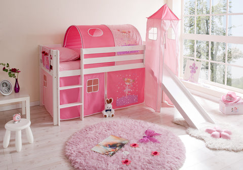 Hochbett mit Rutsche und Turm Spielbett Kasper Kiefer massiv Weiss