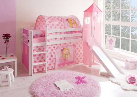 Hochbett mit Rutsche und Turm Spielbett Kasper Kiefer massiv Weiss