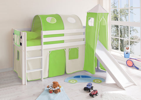 Hochbett mit Rutsche und Turm Spielbett Kasper Kiefer massiv Weiss