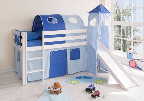 Hochbett mit Rutsche und Turm Spielbett Kasper Kiefer massiv Weiss