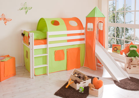 Hochbett mit Rutsche und Turm Spielbett Kasper Kiefer massiv Weiss