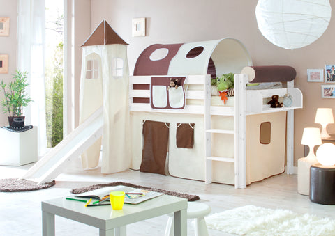 Hochbett mit Rutsche und Turm Spielbett Kasper Kiefer massiv Weiss