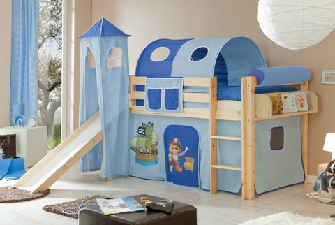 Hochbett mit Rutsche und Turm Spielbett Kasper Kiefer massiv Natur