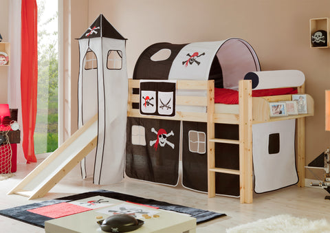 Hochbett mit Rutsche und Turm Spielbett Kasper Kiefer massiv Natur