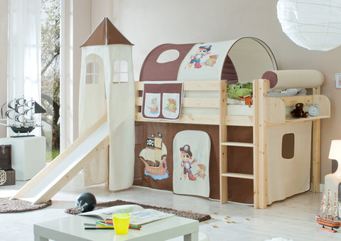 Hochbett mit Rutsche und Turm Spielbett Kasper Kiefer massiv Natur