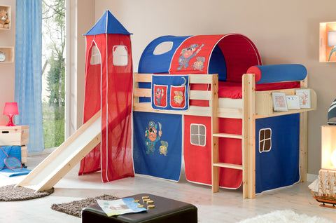 Hochbett mit Rutsche und Turm Spielbett Kasper Kiefer massiv Natur