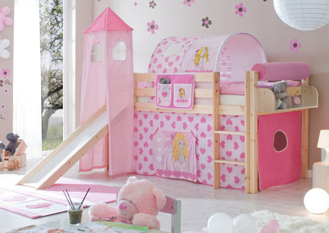 Hochbett mit Rutsche und Turm Spielbett Kasper Kiefer massiv Natur