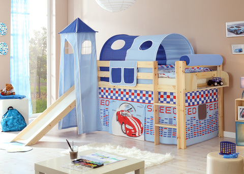 Hochbett mit Rutsche und Turm Spielbett Kasper Kiefer massiv Natur