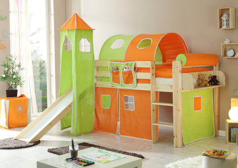 Hochbett mit Rutsche und Turm Spielbett Kasper Kiefer massiv Natur