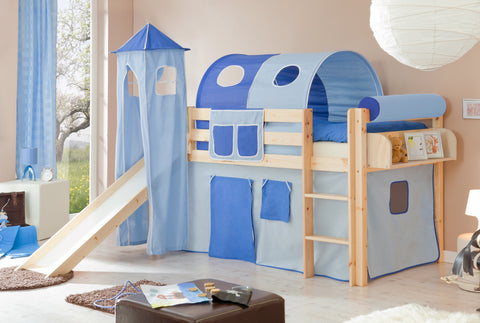 Hochbett mit Rutsche und Turm Spielbett Kasper Kiefer massiv Natur