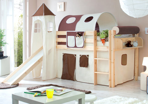 Hochbett mit Rutsche und Turm Spielbett Kasper Kiefer massiv Natur
