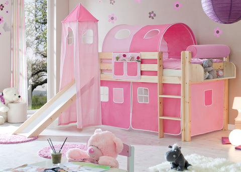 Hochbett mit Rutsche und Turm Spielbett Kasper Kiefer massiv Natur