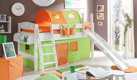 Hochbett mit Rutsche Rutschbett Kenny Kiefer massiv Weiss teilbar