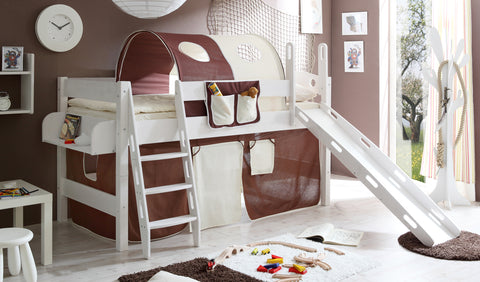 Hochbett mit Rutsche Rutschbett Kenny Kiefer massiv Weiss teilbar