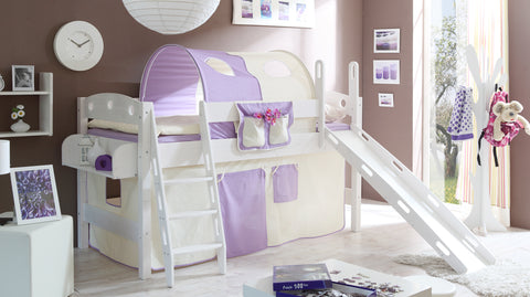 Hochbett mit Rutsche Rutschbett Kenny Kiefer massiv Weiss teilbar