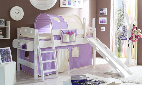 Hochbett mit Rutsche Rutschbett Kenny Kiefer massiv Weiss teilbar
