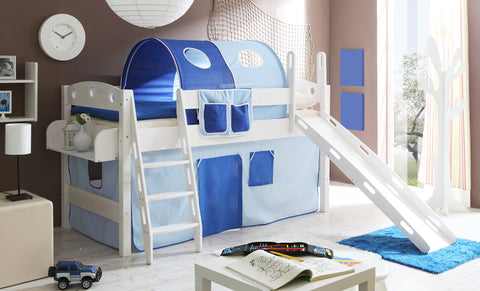 Hochbett mit Rutsche Rutschbett Kenny Kiefer massiv Weiss teilbar