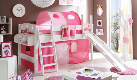 Hochbett mit Rutsche Rutschbett Kenny Kiefer massiv Weiss teilbar