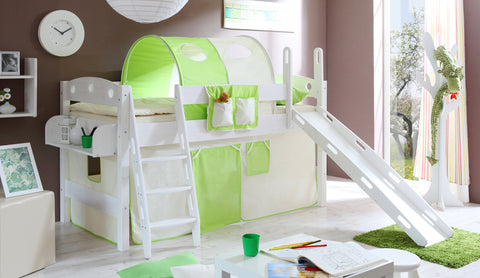 Hochbett mit Rutsche Rutschbett Kenny Kiefer massiv Weiss teilbar