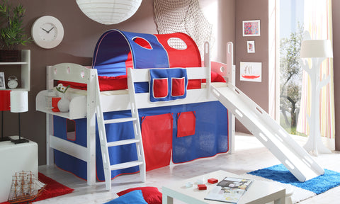 Hochbett mit Rutsche Rutschbett Kenny Kiefer massiv Weiss teilbar