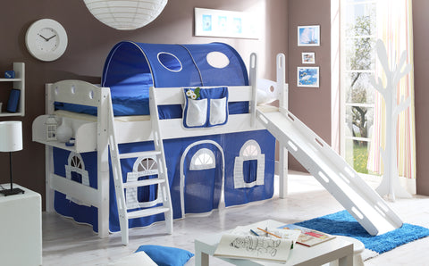 Hochbett mit Rutsche Rutschbett Kenny Kiefer massiv Weiss teilbar