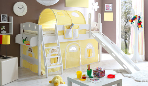 Hochbett mit Rutsche Rutschbett Kenny Kiefer massiv Weiss teilbar