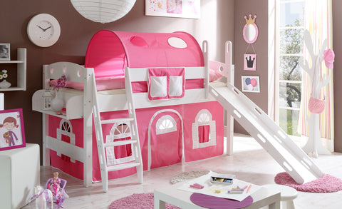 Hochbett mit Rutsche Rutschbett Kenny Kiefer massiv Weiss teilbar