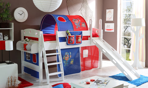 Hochbett mit Rutsche Rutschbett Kenny Kiefer massiv Weiss teilbar