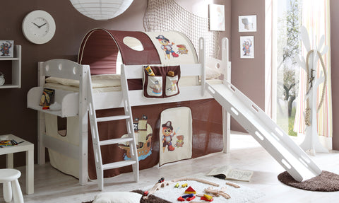 Hochbett mit Rutsche Rutschbett Kenny Kiefer massiv Weiss teilbar