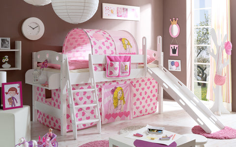 Hochbett mit Rutsche Rutschbett Kenny Kiefer massiv Weiss teilbar