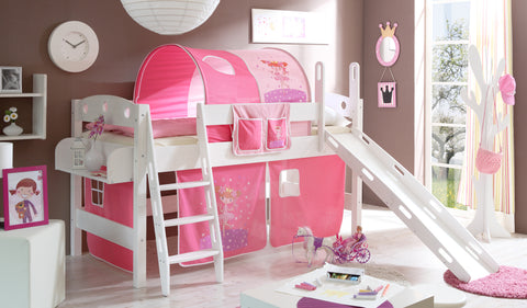 Hochbett mit Rutsche Rutschbett Kenny Kiefer massiv Weiss teilbar