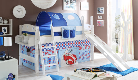 Hochbett mit Rutsche Rutschbett Kenny Kiefer massiv Weiss teilbar