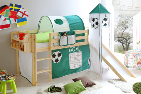 Hochbett mit Rutsche und Turm Spielbett Kasper Kiefer massiv Natur