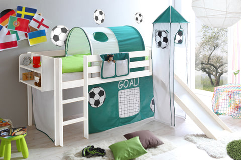 Hochbett mit Rutsche und Turm Spielbett Kasper Kiefer massiv Weiss