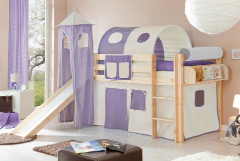 Hochbett mit Rutsche und Turm Spielbett Kasper Kiefer massiv Natur