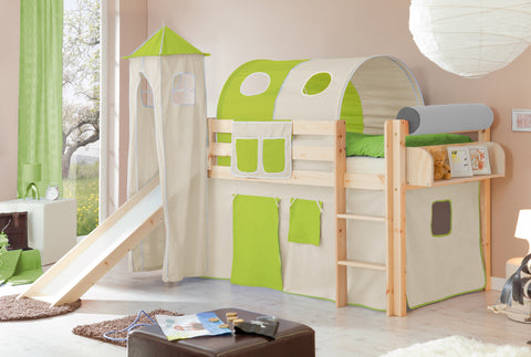 Hochbett mit Rutsche und Turm Spielbett Kasper Kiefer massiv Natur