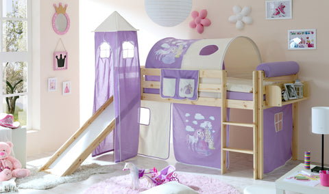 Hochbett mit Rutsche und Turm Spielbett Kasper Kiefer massiv Natur