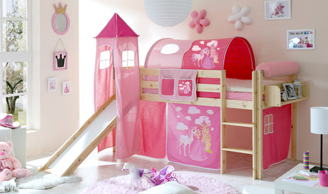 Hochbett mit Rutsche und Turm Spielbett Kasper Kiefer massiv Natur