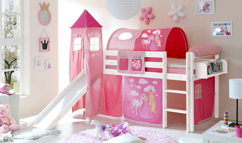 Hochbett mit Rutsche und Turm Spielbett Kasper Kiefer massiv Weiss