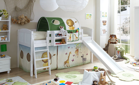 Hochbett mit Rutsche Ekki Landhaus Kiefer massiv Weiss