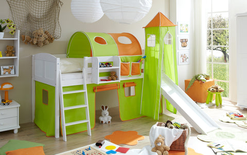 Hochbett mit Rutsche und Turm Spielbett Ekki Landhaus Kiefer massiv Weiss