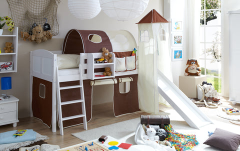 Hochbett mit Rutsche und Turm Spielbett Ekki Landhaus Kiefer massiv Weiss