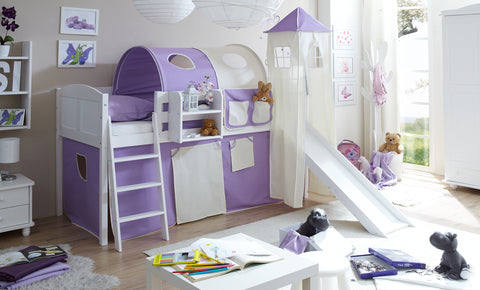 Hochbett mit Rutsche und Turm Spielbett Ekki Landhaus Kiefer massiv Weiss